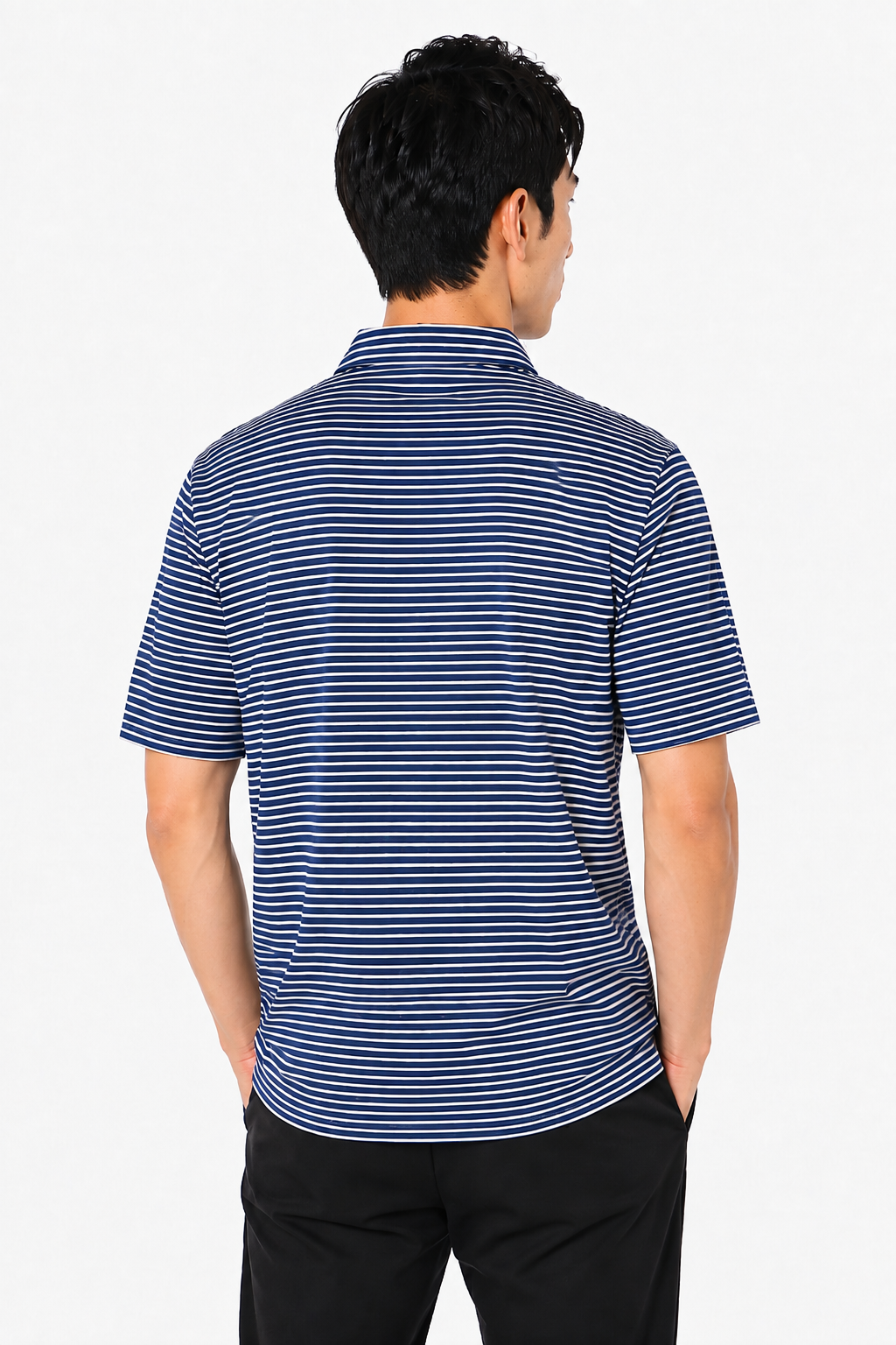 Right side profile of men's navy fine striped moisture-wicking golf polo for golf, work and travel