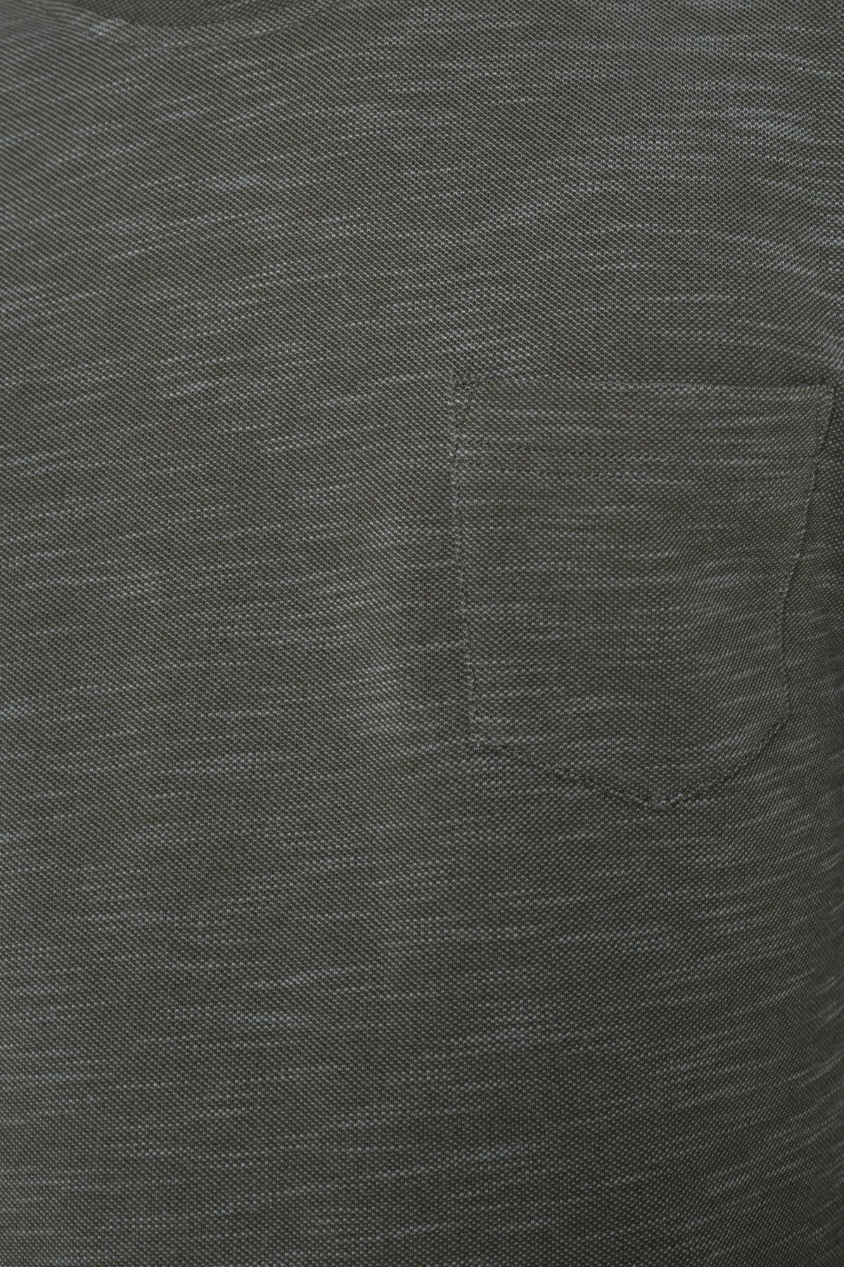 Collar and chest pocket detail on men's olive space-dyed performance pocket T-shirt