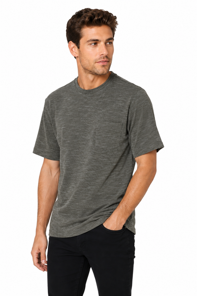 Side profile of men's olive space-dyed performance pocket T-shirt for activewear and travel