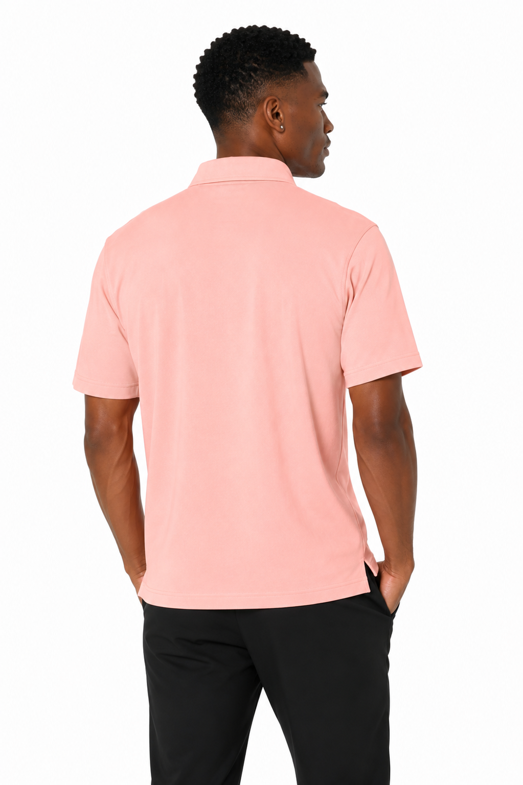 Back view of men's peach quick-dry golf polo with chest pocket for golf, tennis and travel
