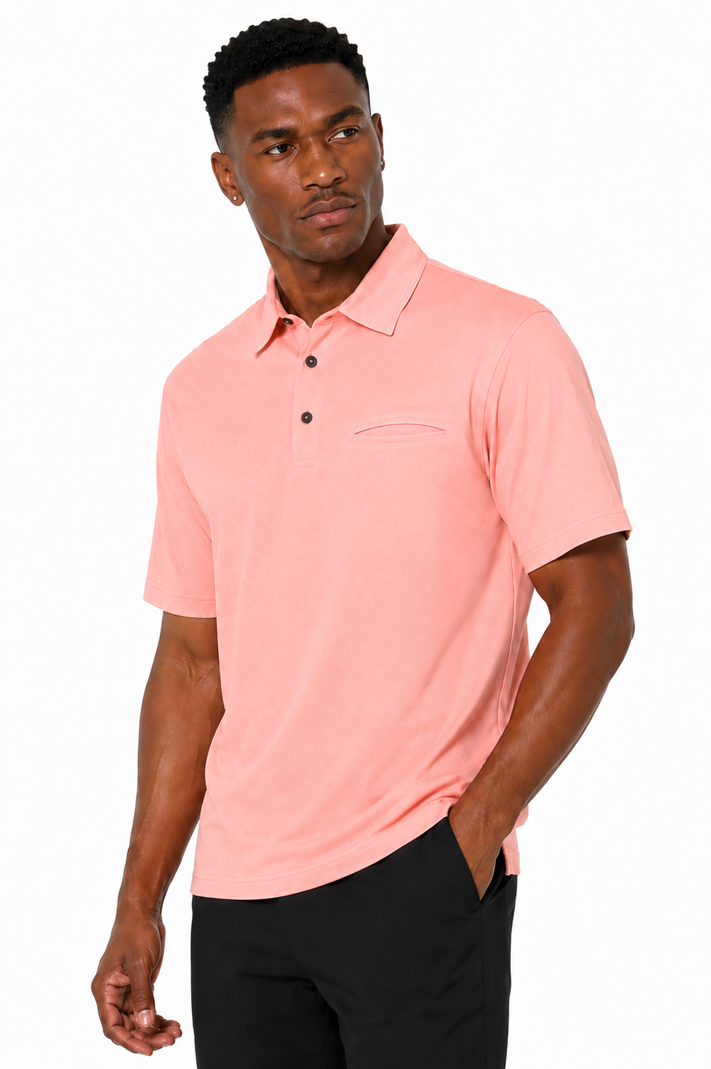 Men's peach quick-dry golf polo with chest pocket by AVA Athletica, front view
