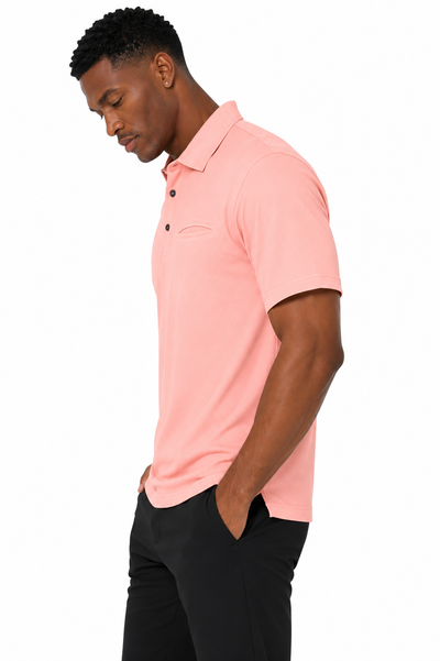 Side profile of men's peach quick-dry golf polo with chest pocket for golf, tennis and travel
