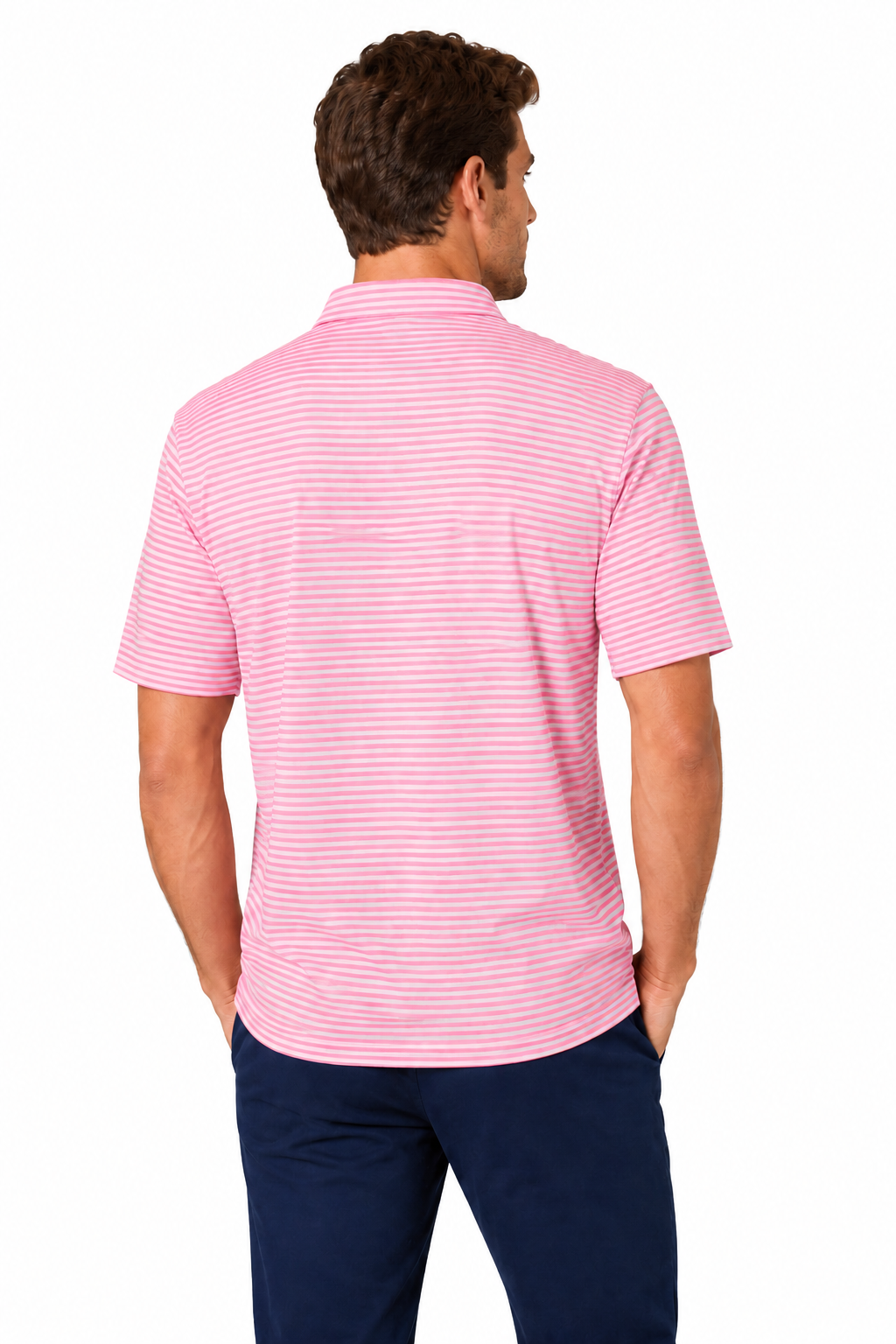 Right side profile of men's pink fine striped moisture-wicking golf polo for golf, work and travel