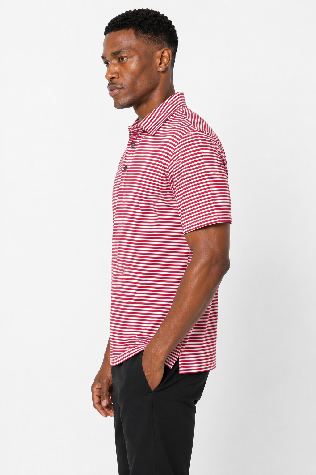 Back view of men's red fine striped moisture-wicking golf polo for golf, work and travel