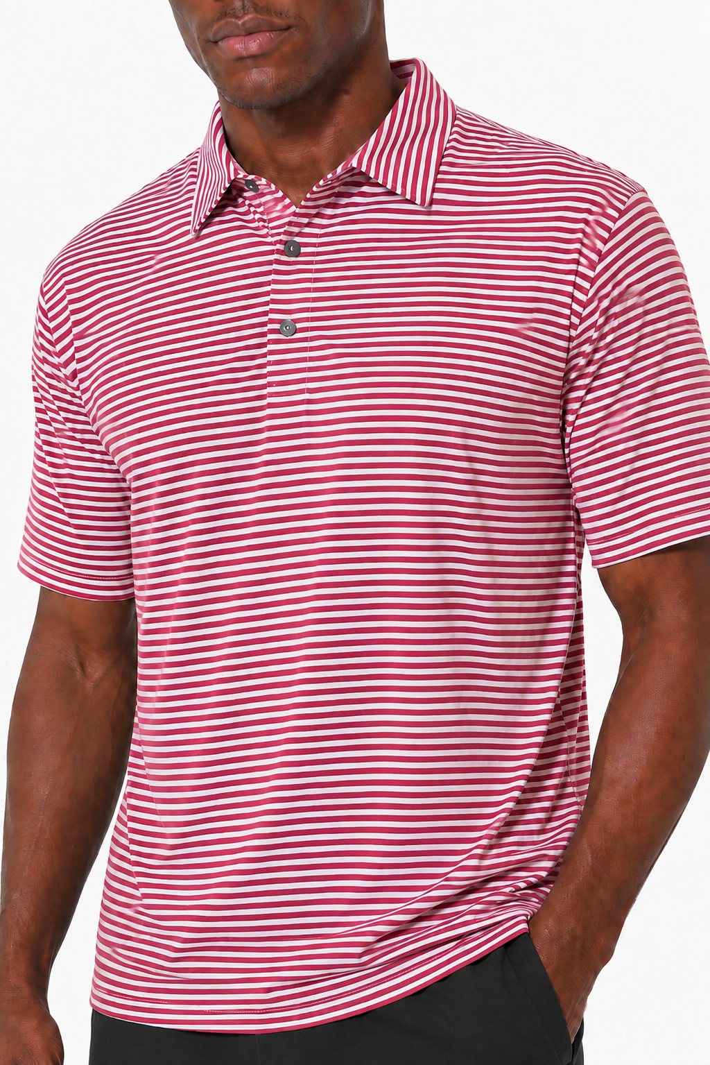 Right side profile of men's red fine striped moisture-wicking golf polo for golf, work and travel