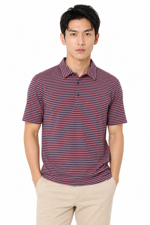 Men's rose fine striped moisture-wicking golf polo by AVA Athletica, front view