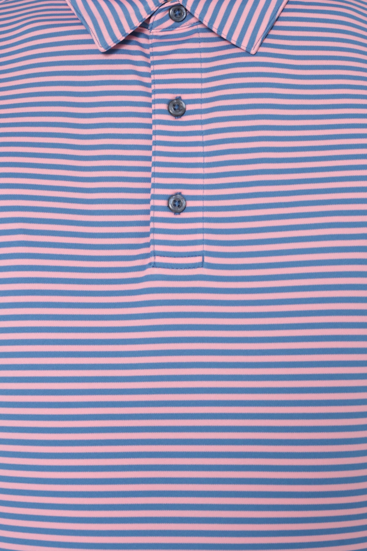 Collar and chest pocket detail on men's salmon and pink fine striped moisture-wicking golf polo