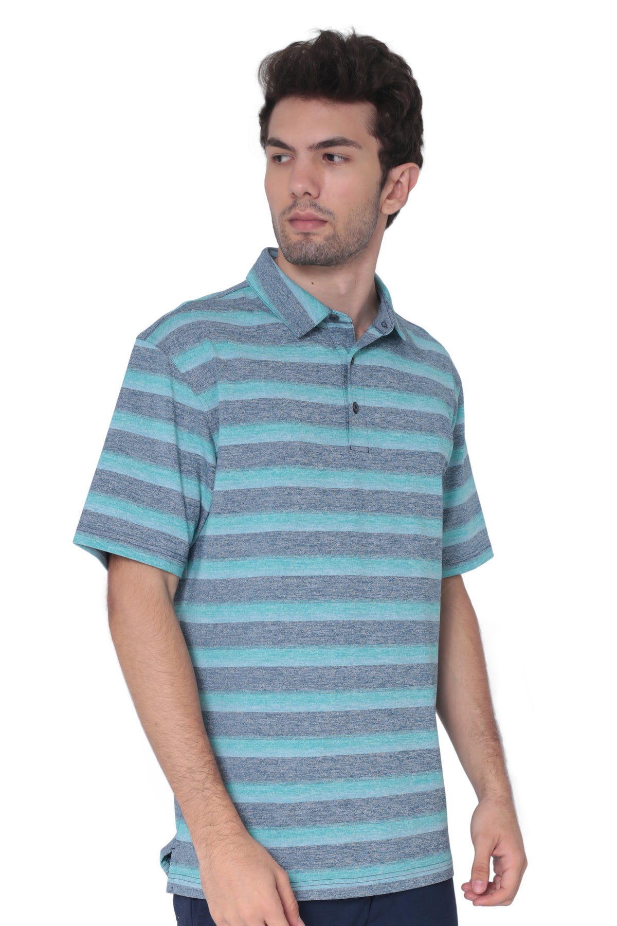 Back view of men's teal blue broad striped moisture-wicking polo for golf and active travel