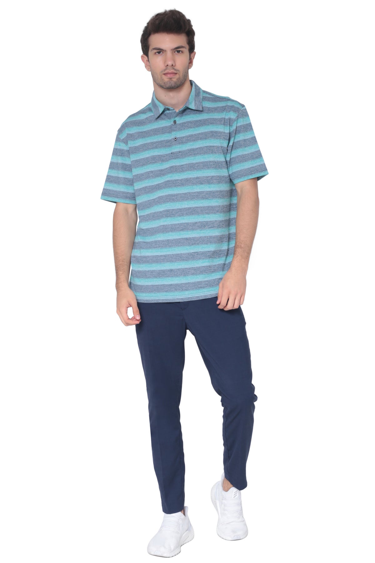 Collar and chest pocket detail on men's teal blue broad striped moisture-wicking polo