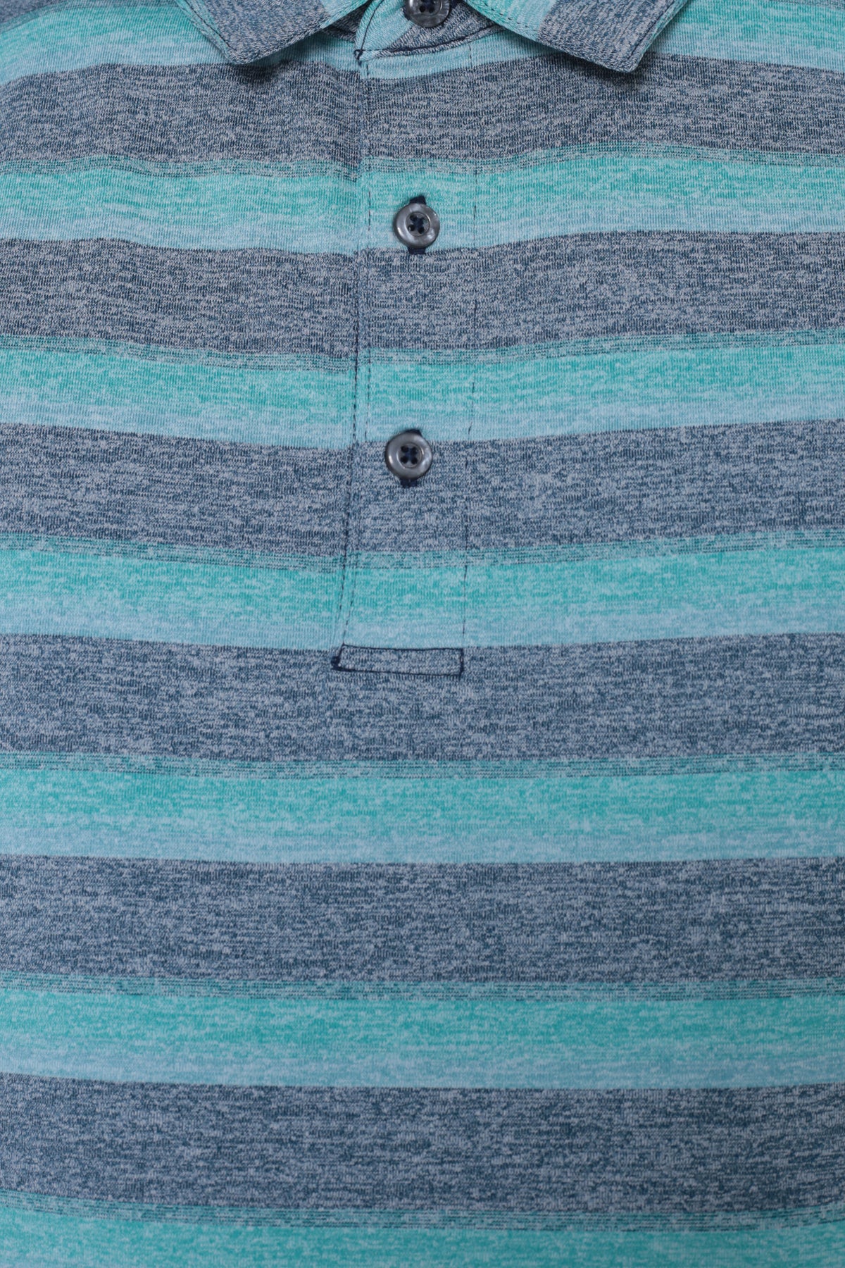 Fabric pattern and texture detail on men's teal blue broad striped moisture-wicking polo