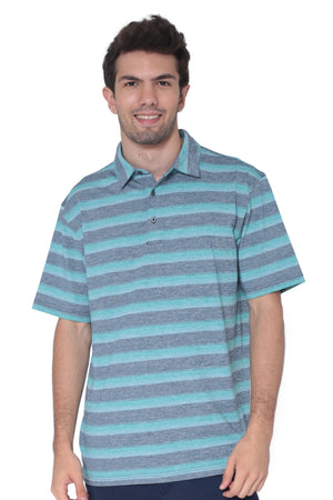 Men's teal blue broad striped moisture-wicking polo by AVA Athletica, front view