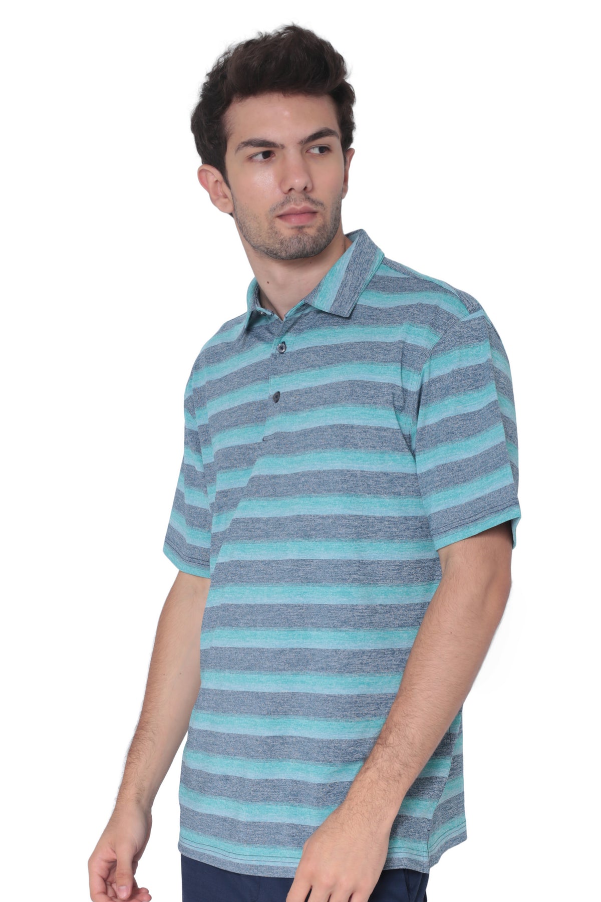Left side profile of men's teal blue broad striped moisture-wicking polo for golf and active travel