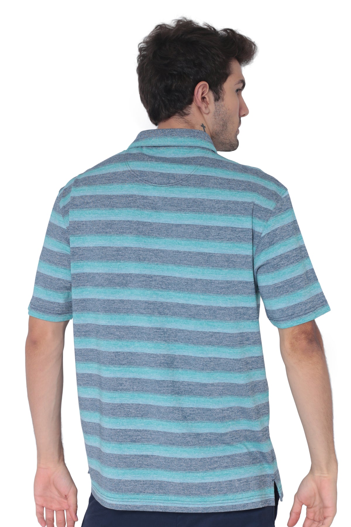 Right side profile of men's teal blue broad striped moisture-wicking polo for golf and active travel