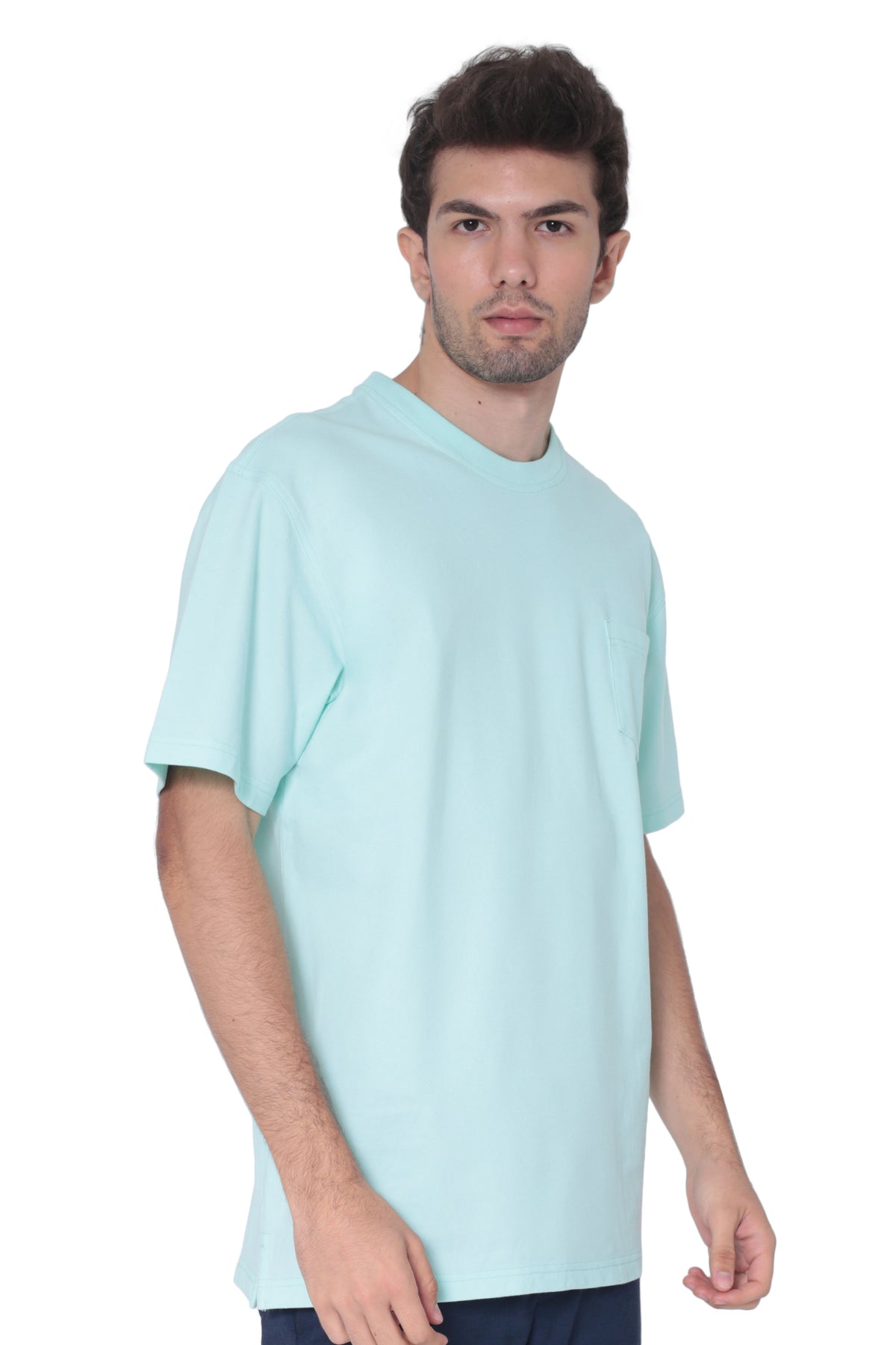 Back view of men's teal breathable cotton round-neck pocket T-shirt for casual wear and travel