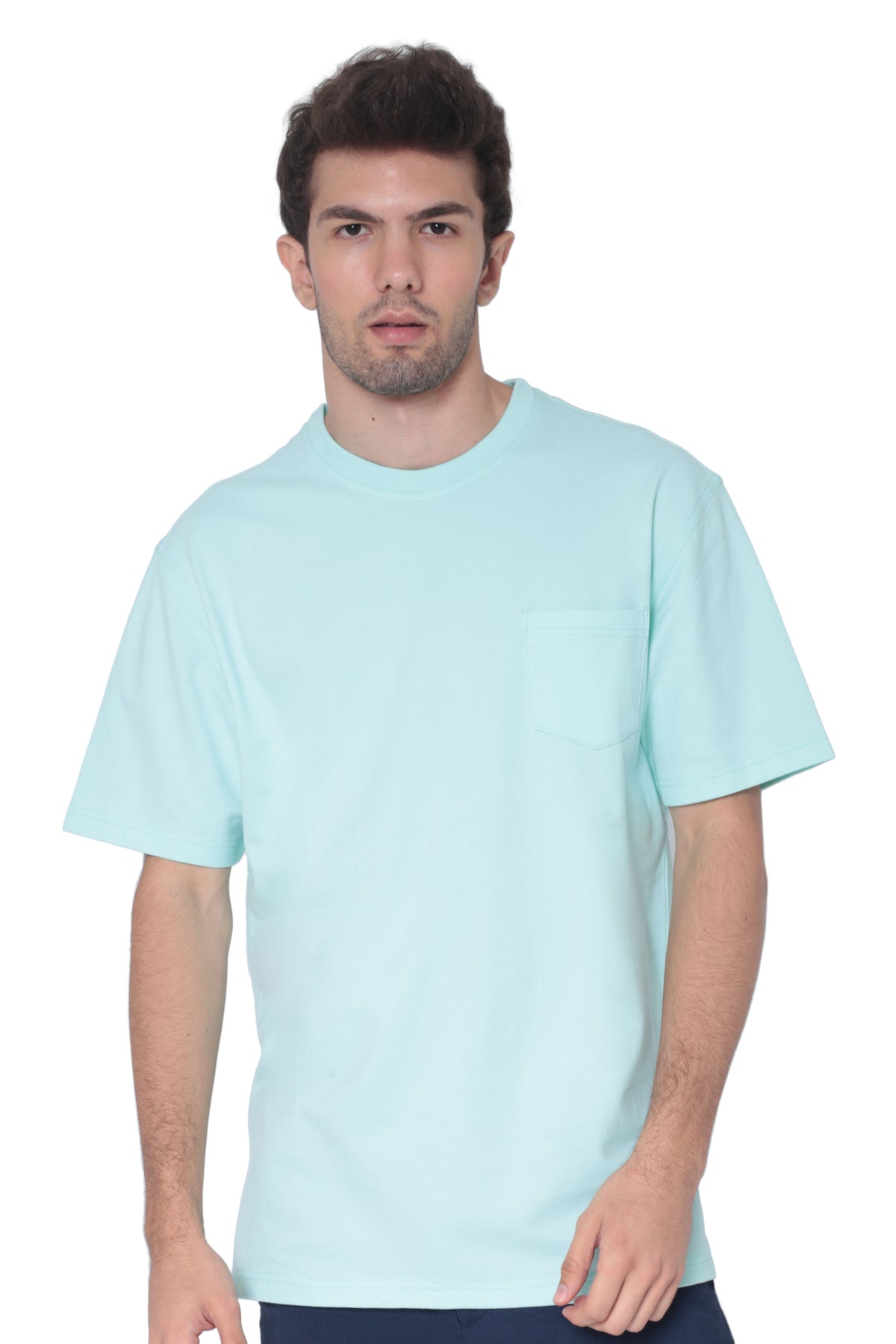 Men's teal breathable cotton round-neck pocket T-shirt by AVA Athletica, front view