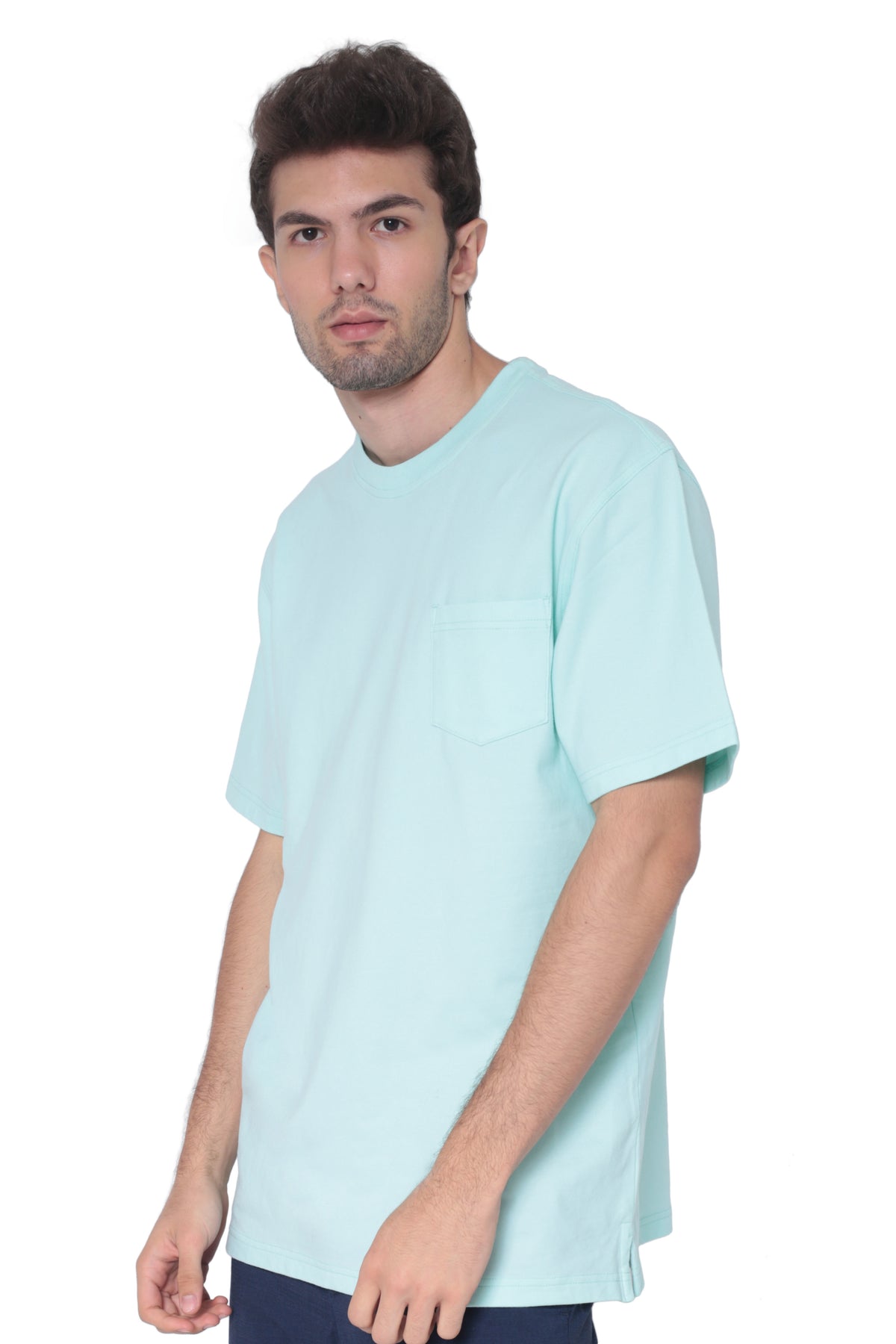 Left side profile of men's teal breathable cotton round-neck pocket T-shirt for casual wear and travel