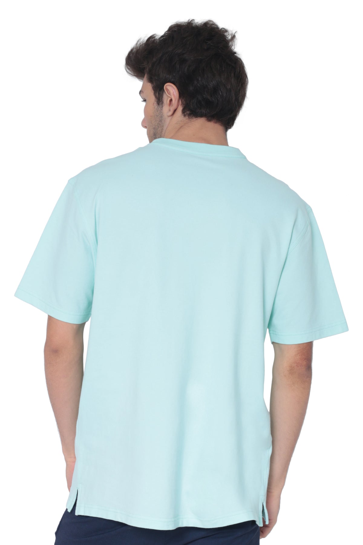 Right side profile of men's teal breathable cotton round-neck pocket T-shirt for casual wear and travel