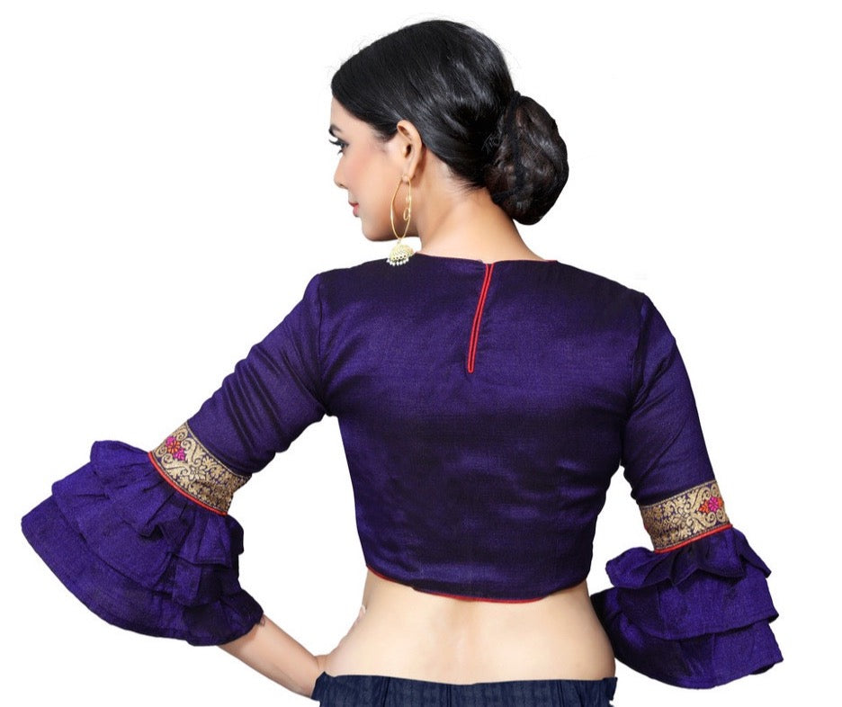 In-Sattva Women's Silk Lace Ruffle Round Neck Blouse; Royal Purple