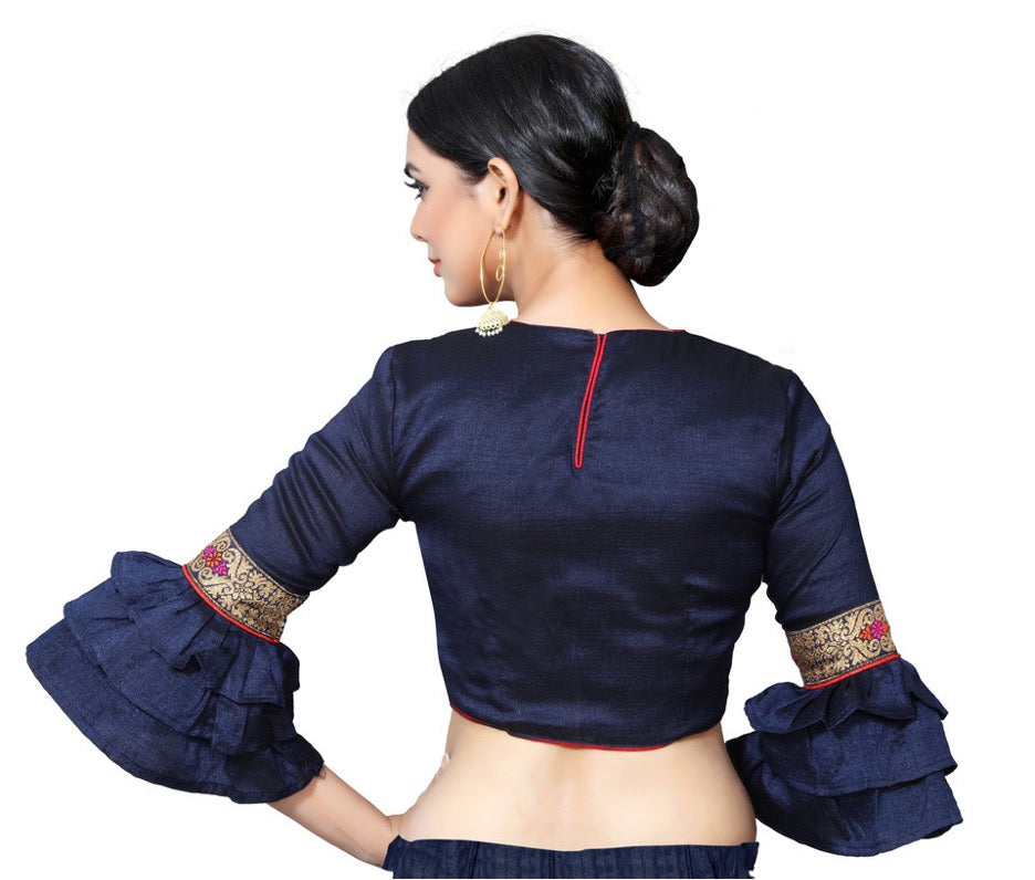 In-Sattva Women's Silk Lace Ruffle Round Neck Blouse; Admiral Blue