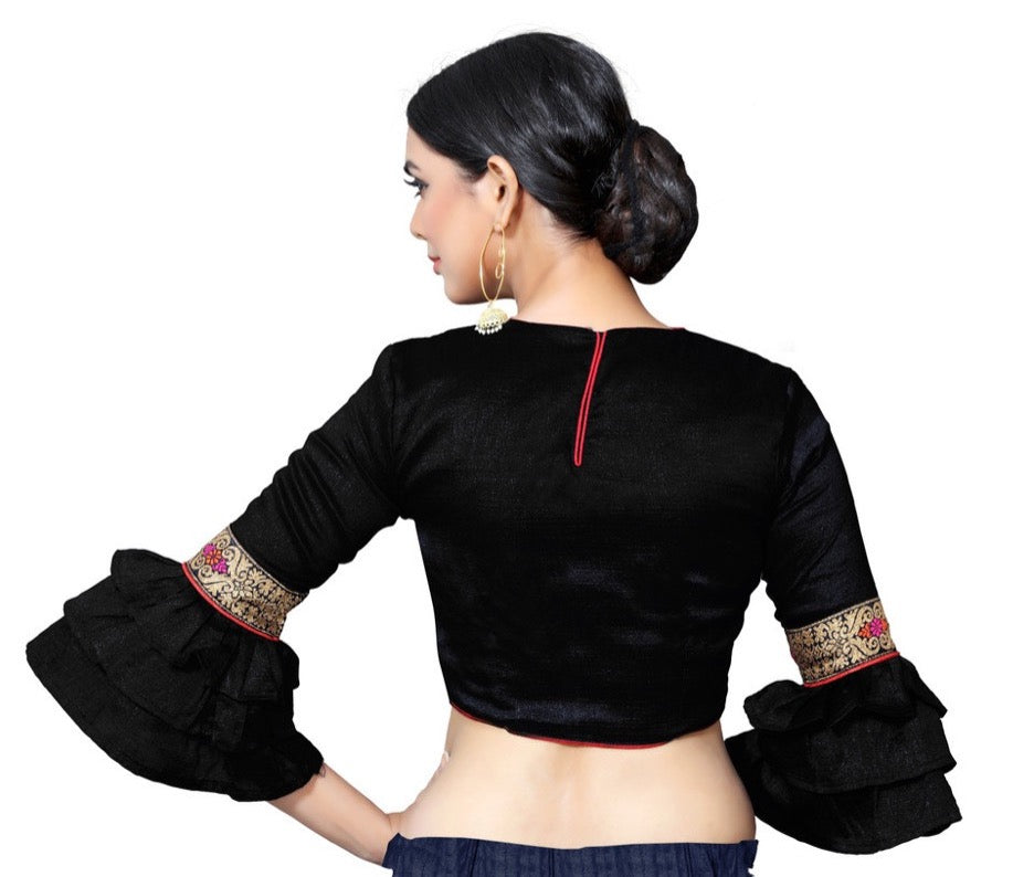 In-Sattva Women's Silk Lace Ruffle Round Neck Blouse; Pitch Black