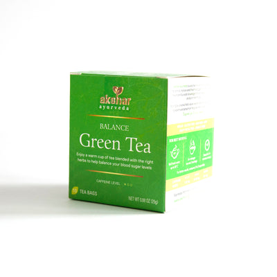 Akshar Ayurveda Balance Green Herbal Tea, 10 tea bags retail packaging box, front and side view
