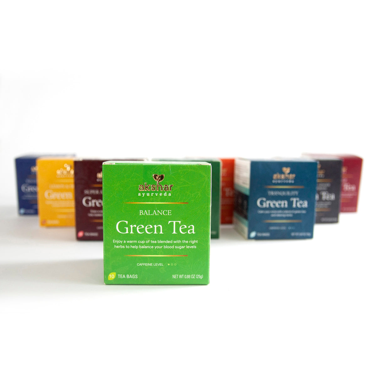 Akshar Ayurveda Balance Green Herbal Tea, 10 tea bags featured in the assorted herbal tea collection