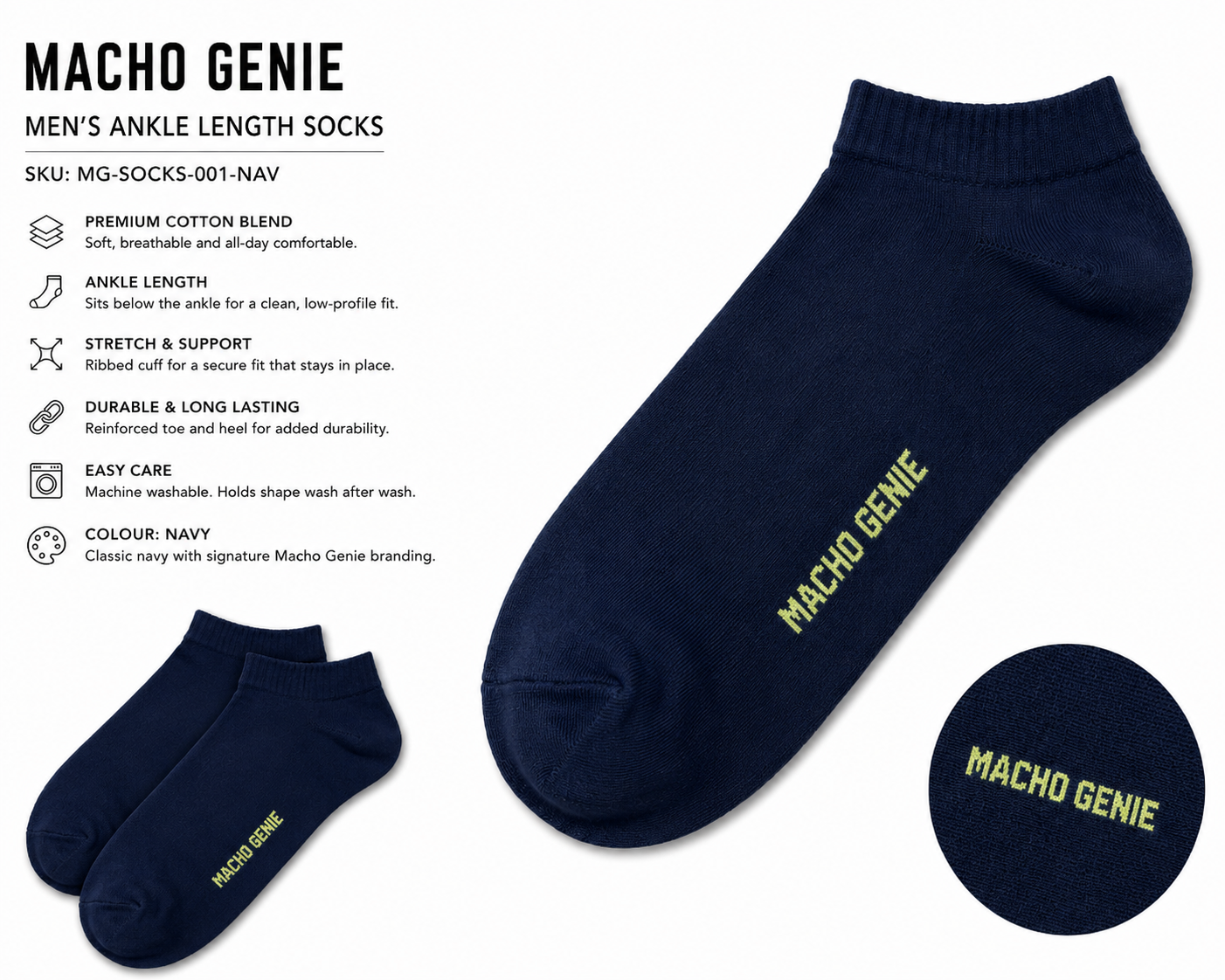 Macho Genie Men’s Navy Blue Ankle Length Socks