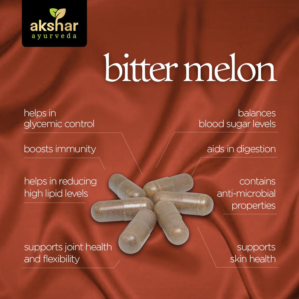 Akshar Ayurveda Bitter Melon Karela 500mg supplement, 60 vegan tablets benefits infographic for blood sugar and metabolic wellness support