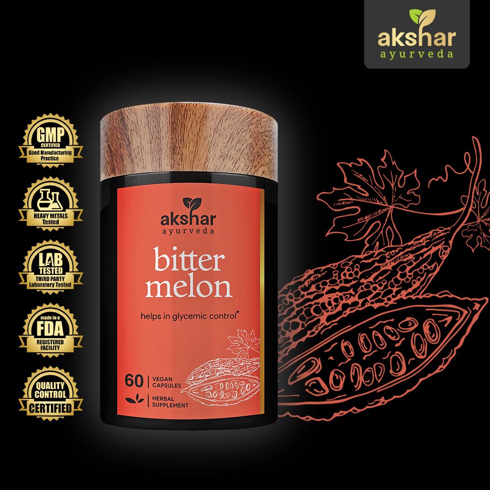 Akshar Ayurveda Bitter Melon Karela 500mg supplement, 60 vegan tablets with Ayurvedic ingredient and quality certifications