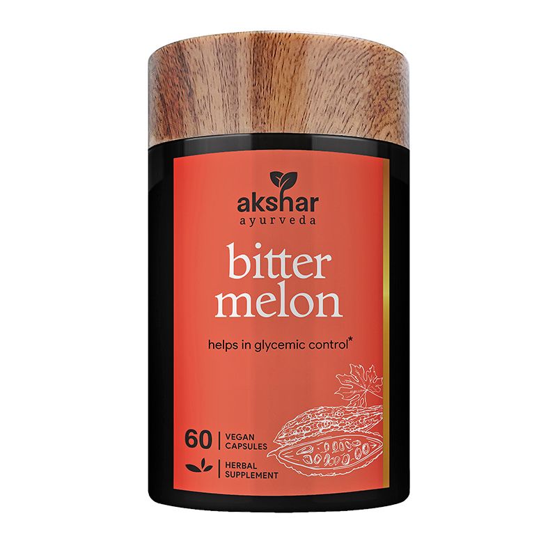 Front pack shot of Akshar Ayurveda Bitter Melon Karela 500mg supplement, 60 vegan tablets