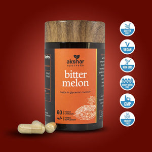 Akshar Ayurveda Bitter Melon Karela 500mg supplement, 60 vegan tablets with vegan quality certification icons