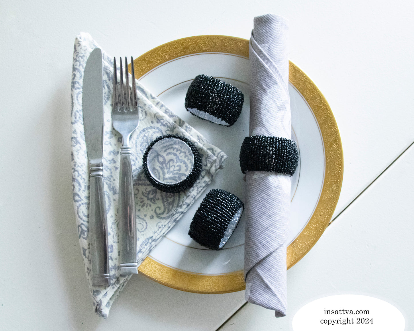 Handmade Finely Beaded Napkin Rings for Dinners, Weddings, Banquets, and Special Occasions; Black