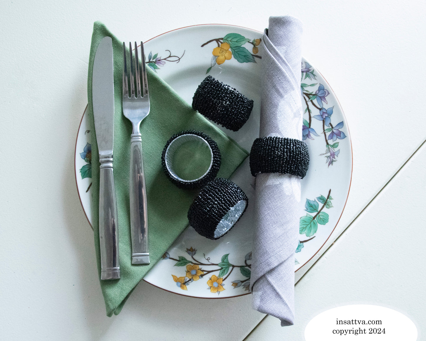 Handmade Finely Beaded Napkin Rings for Dinners, Weddings, Banquets, and Special Occasions; Black