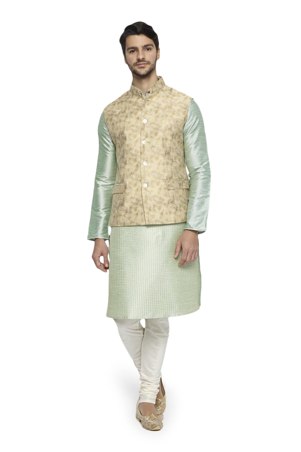 Back view of men's abstract-print Nehru jacket vest, highlighting premium wedding and festival wear.