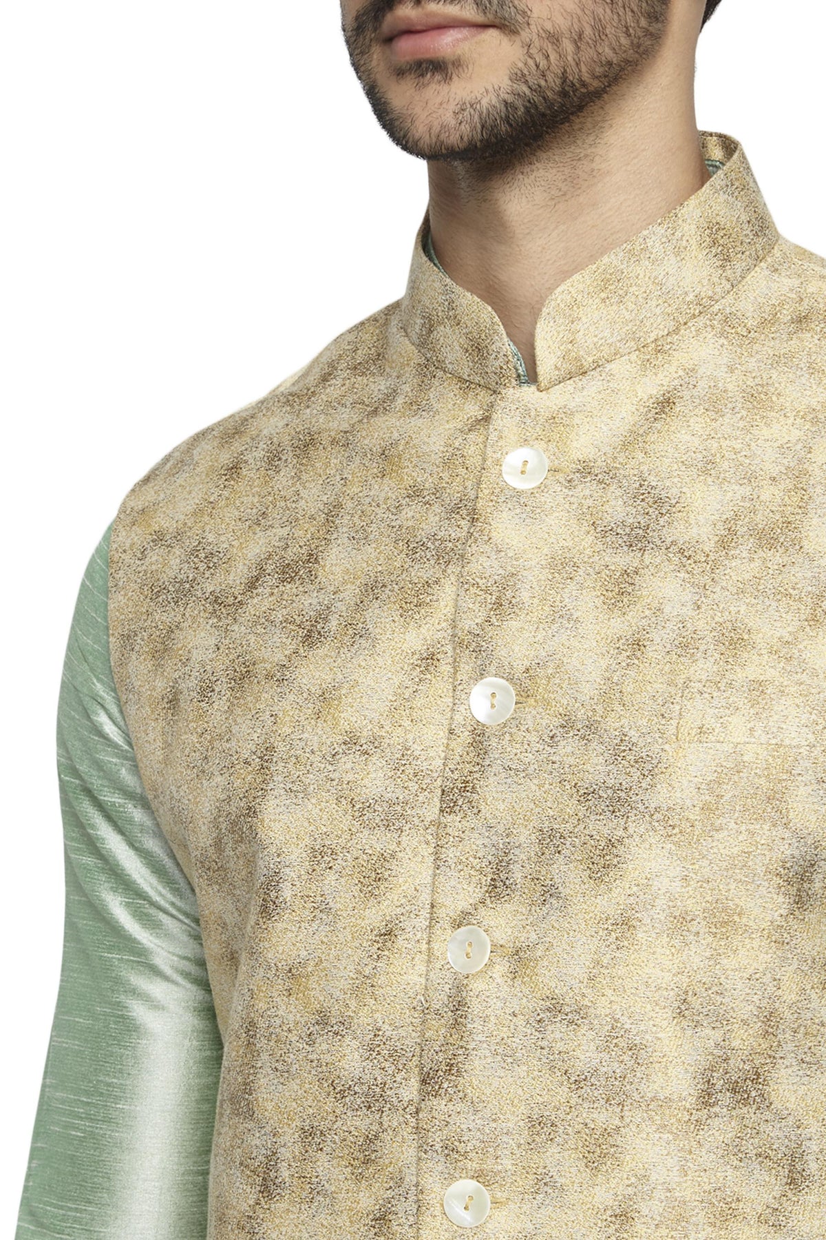 Collar and button close-up of men's abstract-print Nehru jacket vest, highlighting premium wedding and festival wear.