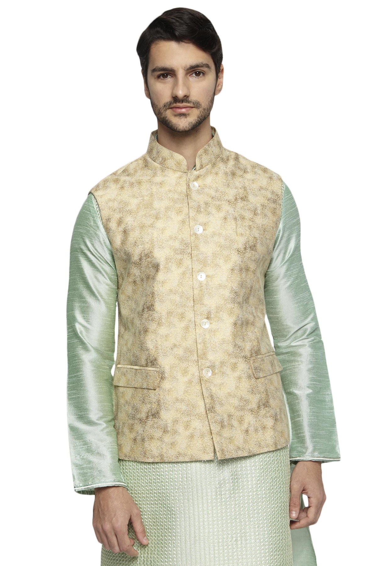 Front view of Ethnix men's abstract-print Nehru jacket vest, highlighting premium wedding and festival wear.