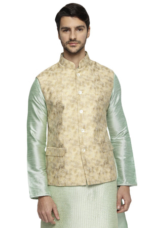 Front view of Ethnix men's abstract-print Nehru jacket vest, highlighting premium wedding and festival wear.