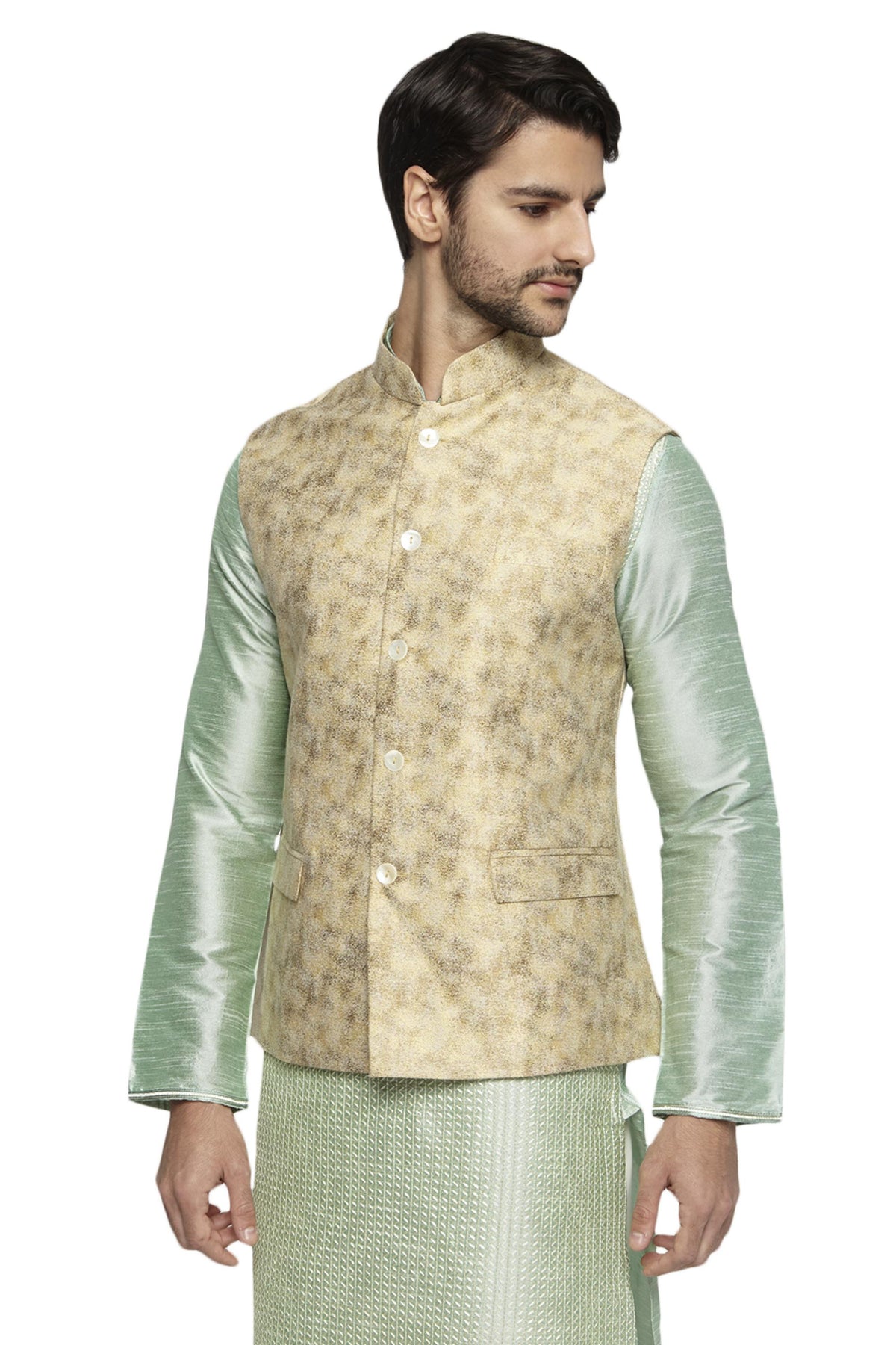 Left three-quarter view of men's abstract-print Nehru jacket vest, highlighting premium wedding and festival wear.