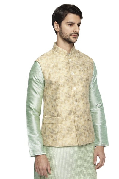 Right three-quarter view of men's abstract-print Nehru jacket vest, highlighting premium wedding and festival wear.