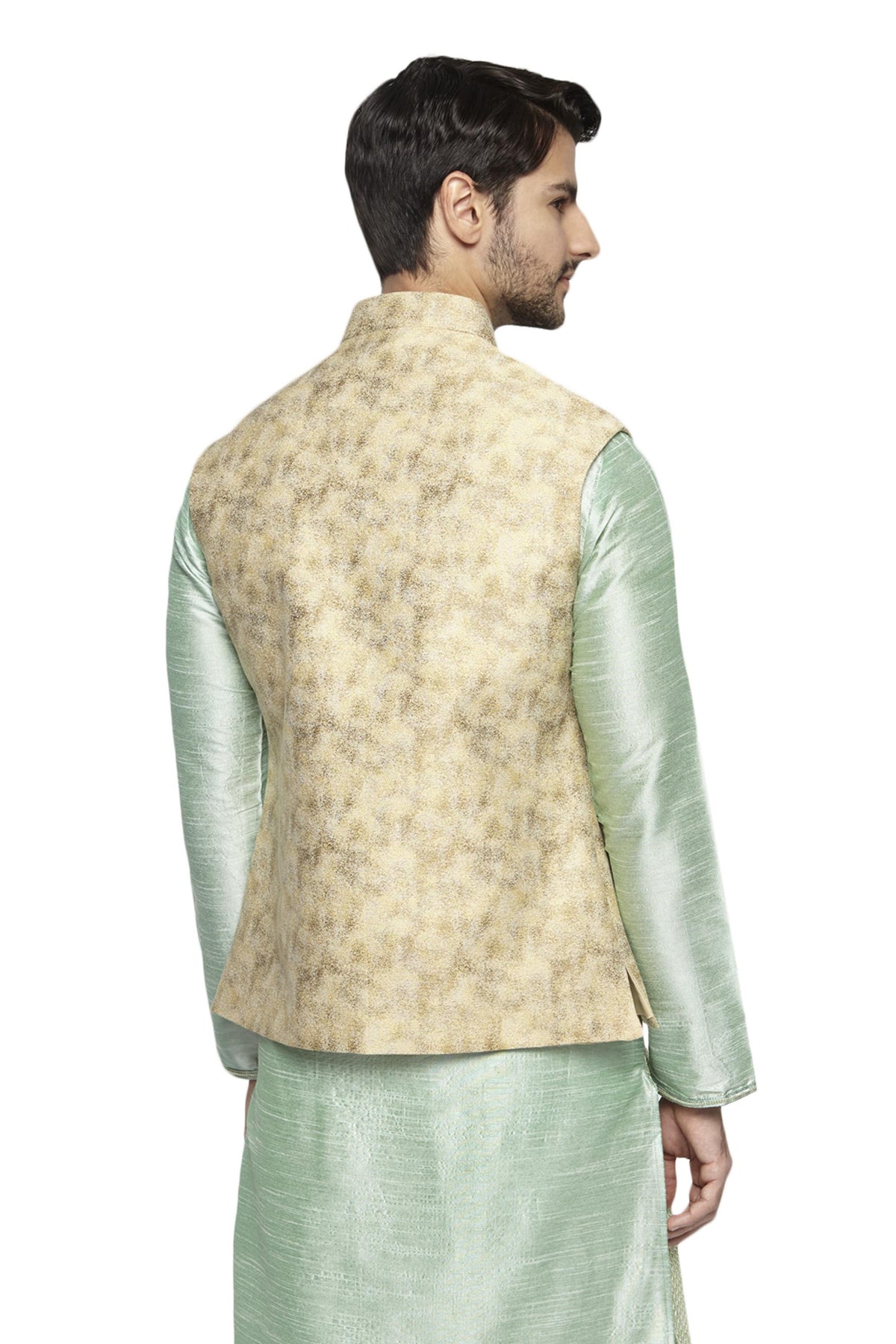 Side profile of men's abstract-print Nehru jacket vest, highlighting premium wedding and festival wear.