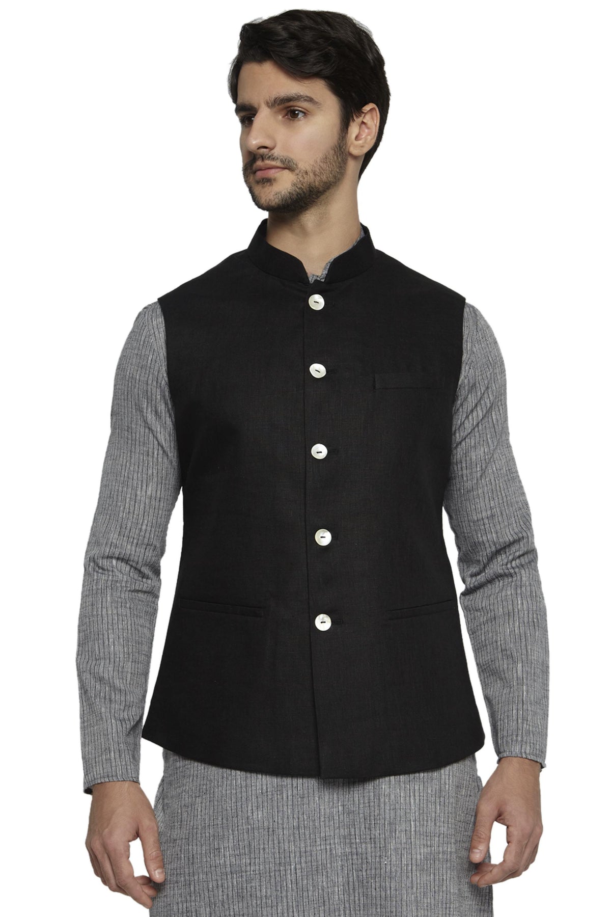 Angled front view of men's black cotton-linen Nehru jacket vest, highlighting premium wedding guest style.
