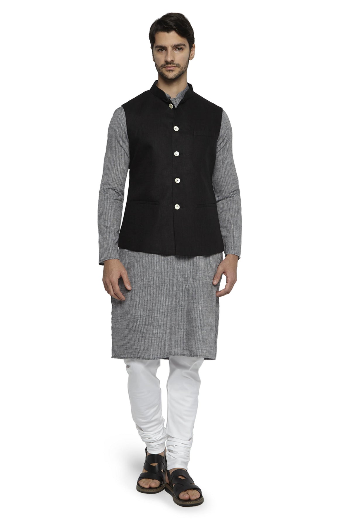 Back view of men's black cotton-linen Nehru jacket vest, highlighting premium wedding guest style.