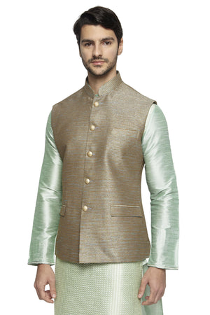 Front view of Ethnix men's horizontal-stripe Nehru jacket vest, highlighting textured wedding luxury.