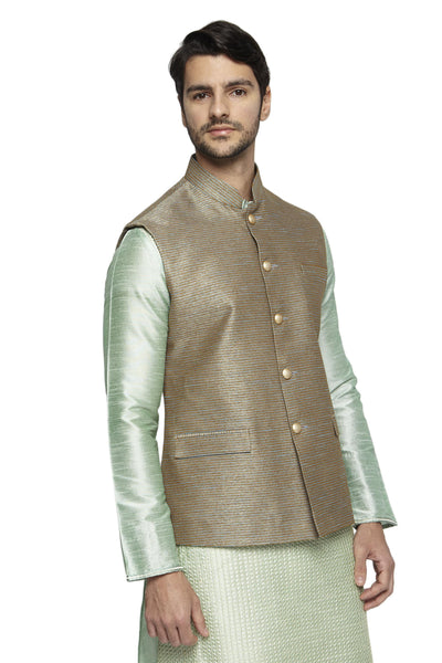 Right three-quarter view of men's horizontal-stripe Nehru jacket vest, highlighting textured wedding luxury.