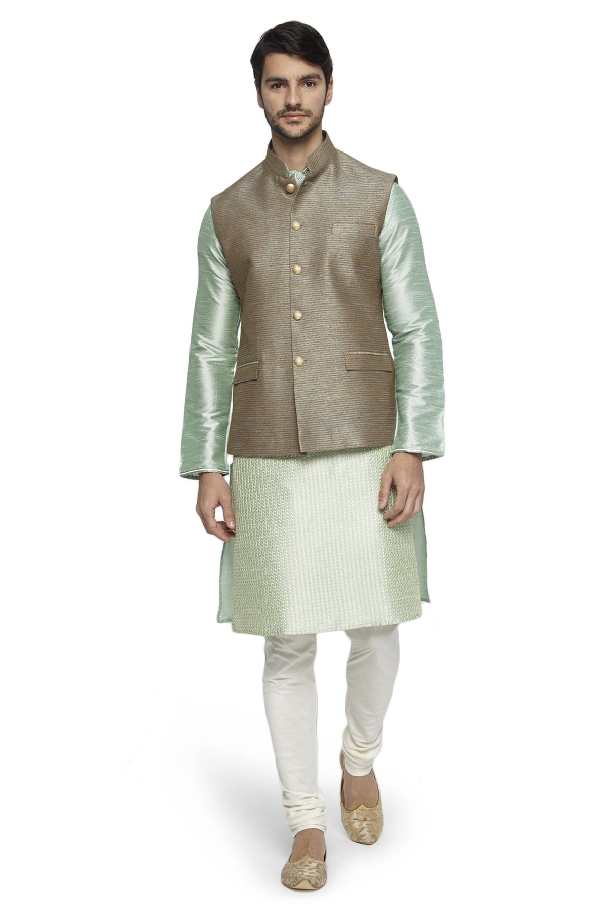 Side profile of men's horizontal-stripe Nehru jacket vest, highlighting textured wedding luxury.