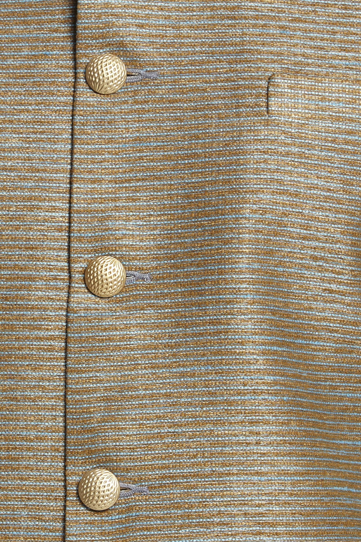 Stripe pattern and pocket close-up of men's horizontal-stripe Nehru jacket vest, highlighting textured wedding luxury.