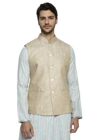 Front view of Ethnix men's light beige Nehru jacket vest, highlighting stylish wedding and special-occasion wear.