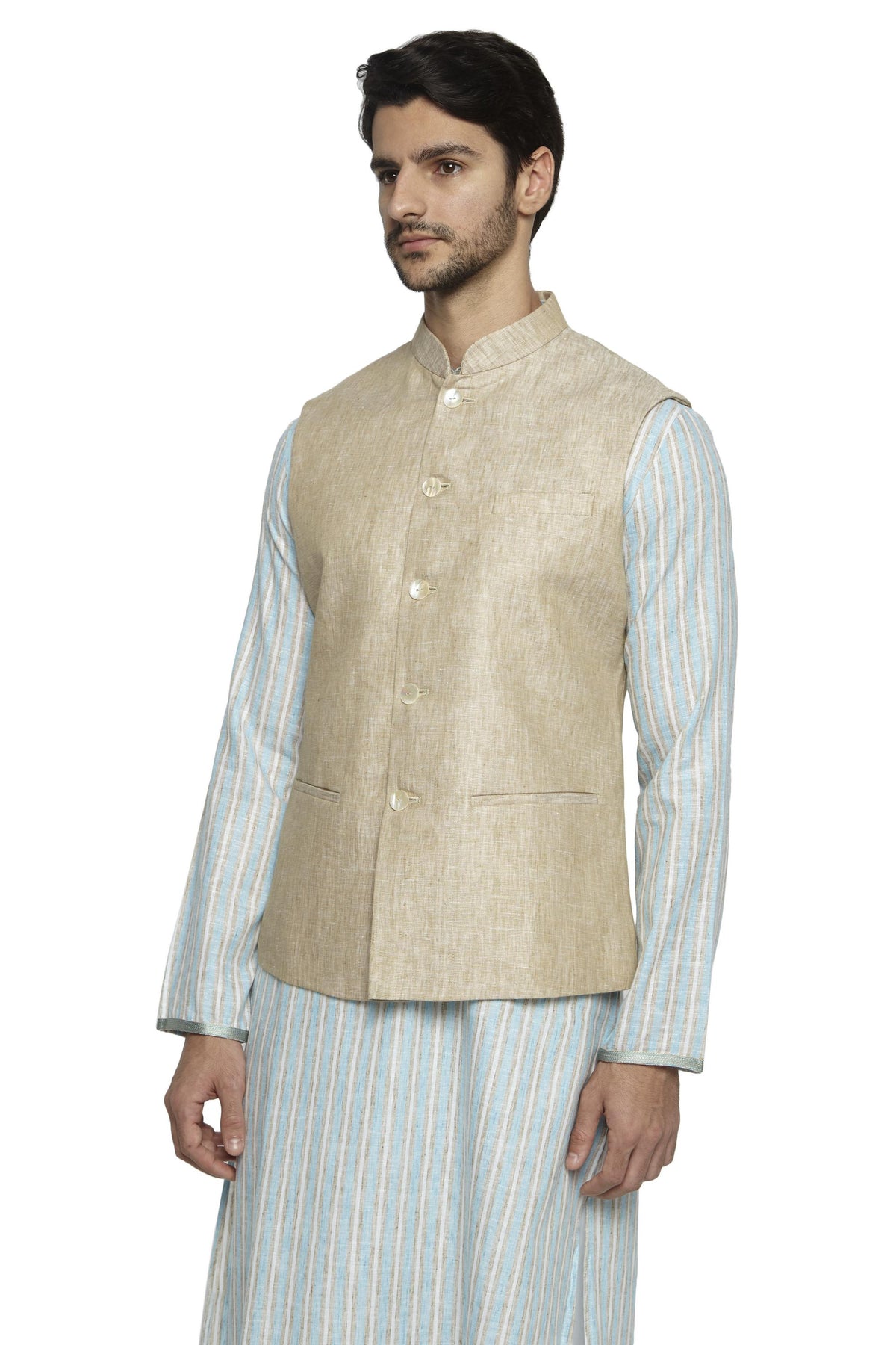 Left three-quarter view of men's light beige Nehru jacket vest, highlighting stylish wedding and special-occasion wear.