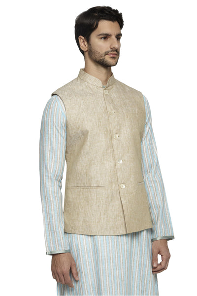 Right three-quarter view of men's light beige Nehru jacket vest, highlighting stylish wedding and special-occasion wear.