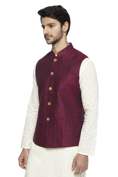 Angled front view of men's maroon Nehru jacket vest, highlighting vibrant festive wedding guest style.